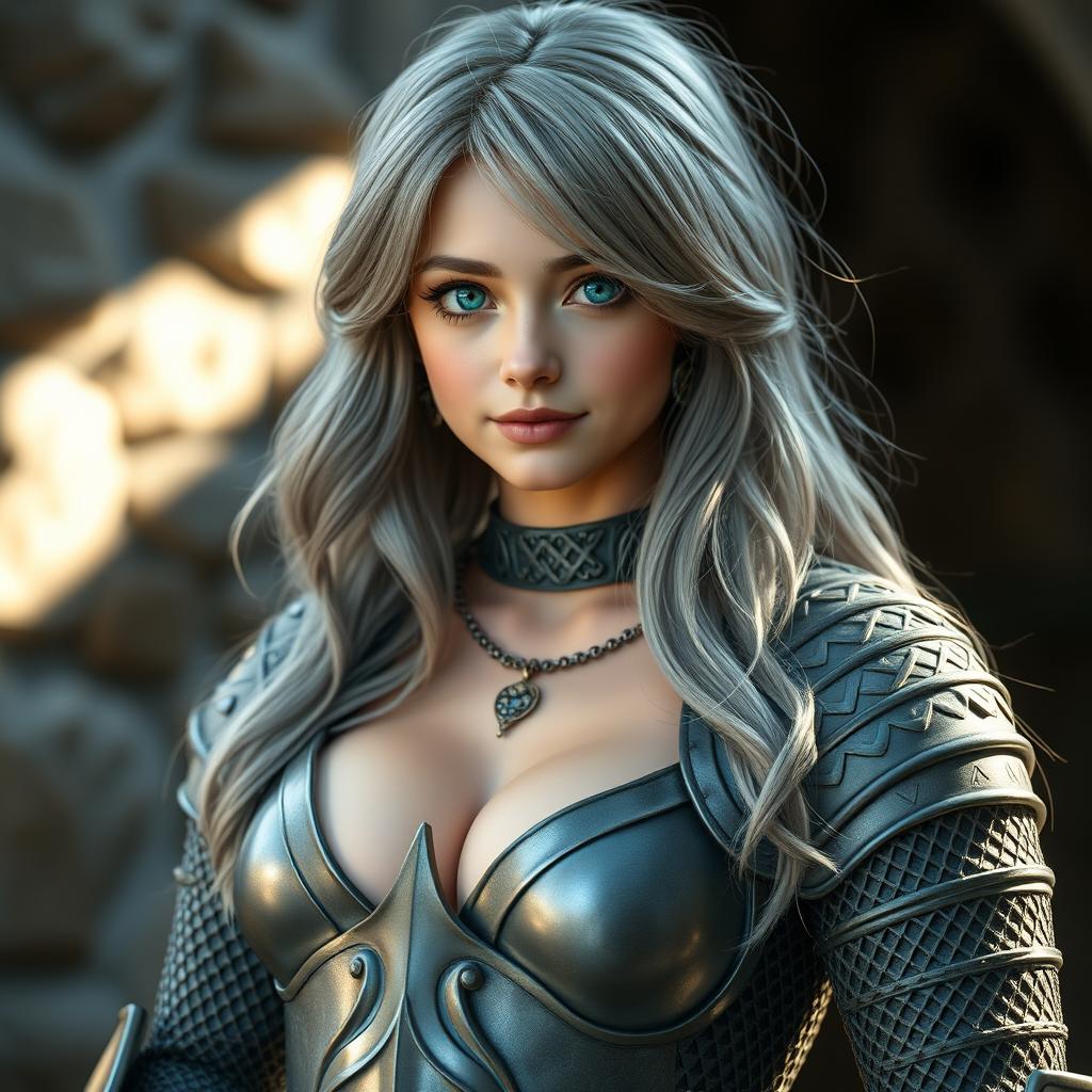 An enchanting European cleric girl with a slender yet curvy figure, showcasing her ample bosom in a beautifully designed knight's heavy chainmail that emphasizes her cleavage and bust cups