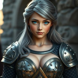An enchanting European cleric girl with a slender yet curvy figure, showcasing her ample bosom in a beautifully designed knight's heavy chainmail that emphasizes her cleavage and bust cups