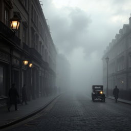 A 1920s London street scene, shrouded in mist and cast in shades of grey to create an ominous atmosphere