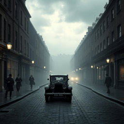 A 1920s London street scene, shrouded in mist and cast in shades of grey to create an ominous atmosphere