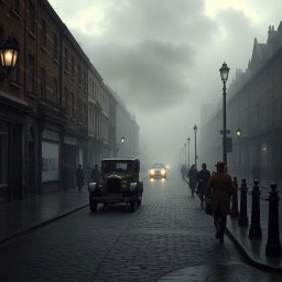 A 1920s London street scene, shrouded in mist and cast in shades of grey to create an ominous atmosphere
