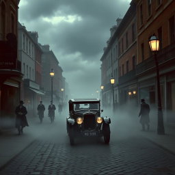 A 1920s London street scene, shrouded in mist and cast in shades of grey to create an ominous atmosphere