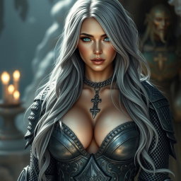 A busty beautiful cleric, slender and with very large tender breasts, features long, soft layers of ash grey hair flowing down her shoulders