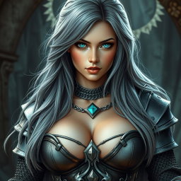 A busty beautiful cleric, slender and with very large tender breasts, features long, soft layers of ash grey hair flowing down her shoulders