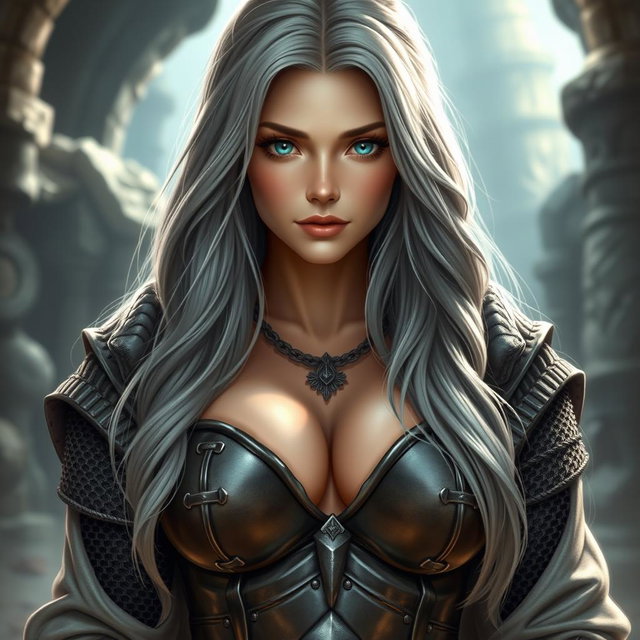 A busty, beautiful slender European female cleric with very large tender breasts, featuring long, soft layers of ash grey hair cascading down her back