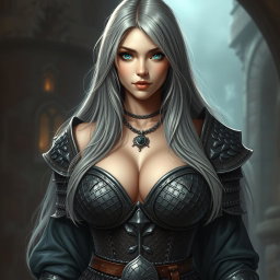 A busty, beautiful slender European female cleric with very large tender breasts, featuring long, soft layers of ash grey hair cascading down her back