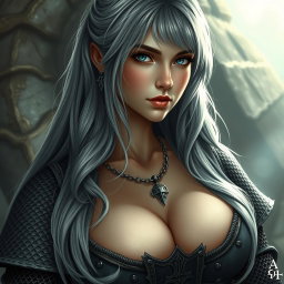 A busty, beautiful slender European female cleric with very large tender breasts, featuring long, soft layers of ash grey hair cascading down her back