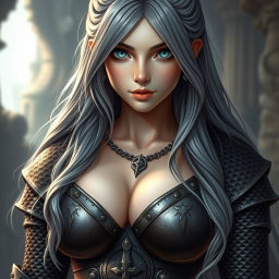 A busty, beautiful slender European female cleric with very large tender breasts, featuring long, soft layers of ash grey hair cascading down her back