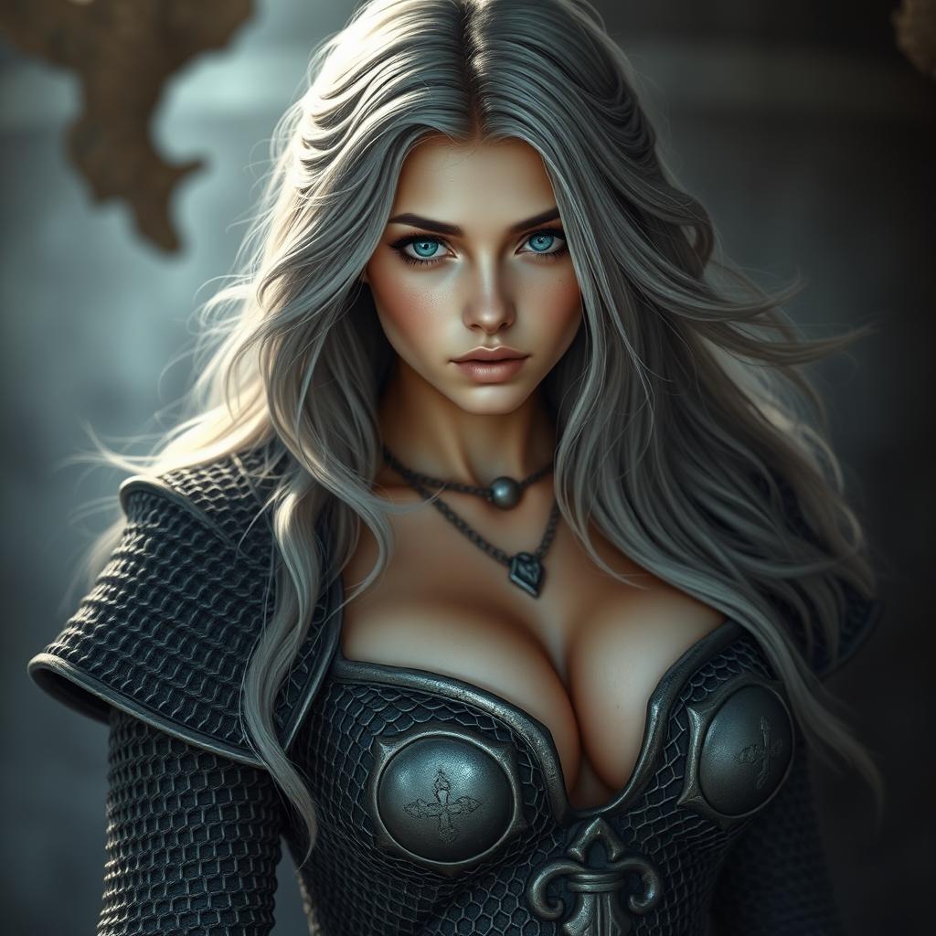 A busty beautiful slender European cleric girl with very large tender breasts, adorned in detailed crusader's heavy chainmail that reveals some cleavage