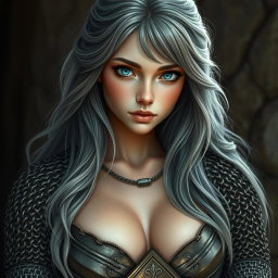 A busty beautiful slender European cleric girl with very large tender breasts, adorned in detailed crusader's heavy chainmail that reveals some cleavage