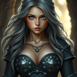 A busty beautiful slender European cleric girl with very large tender breasts, adorned in detailed crusader's heavy chainmail that reveals some cleavage