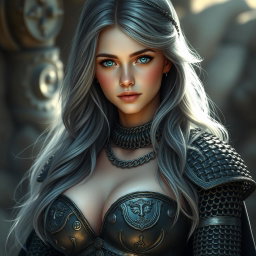 A busty beautiful slender European cleric girl with very large tender breasts, adorned in detailed crusader's heavy chainmail that reveals some cleavage