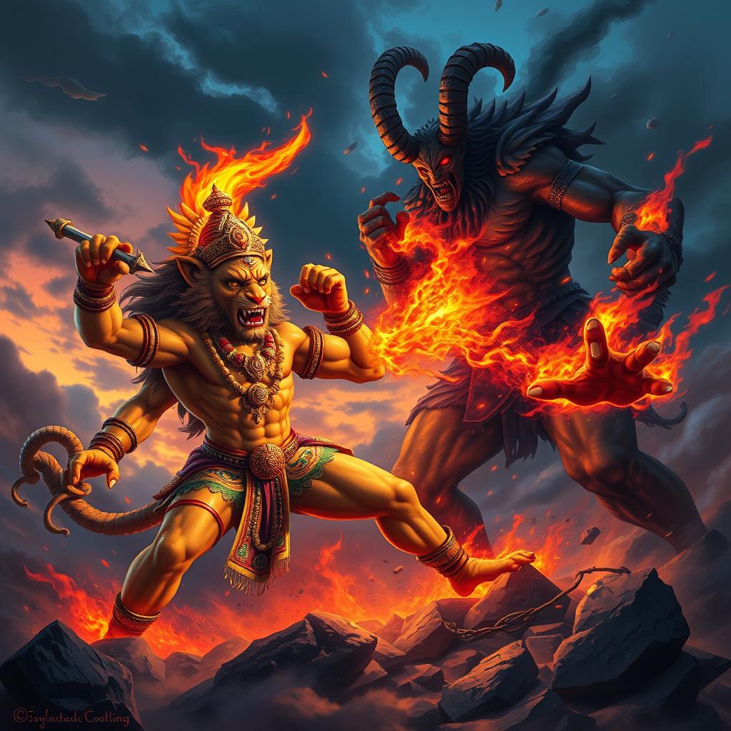 A vibrant and intense battle scene depicting Narasimha, the fierce lion-man avatar of Vishnu, portrayed with a human-like body, muscular and powerful, while adorned with traditional Hindu ornaments
