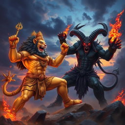 A vibrant and intense battle scene depicting Narasimha, the fierce lion-man avatar of Vishnu, portrayed with a human-like body, muscular and powerful, while adorned with traditional Hindu ornaments