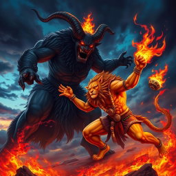 A vibrant and intense battle scene depicting Narasimha, the fierce lion-man avatar of Vishnu, portrayed with a human-like body, muscular and powerful, while adorned with traditional Hindu ornaments