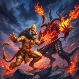 A vibrant and intense battle scene depicting Narasimha, the fierce lion-man avatar of Vishnu, portrayed with a human-like body, muscular and powerful, while adorned with traditional Hindu ornaments
