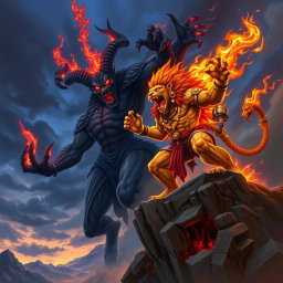 A dynamic and fierce battle scene depicting Narasimha, the fierce lion-man avatar of Vishnu, facing off against Azazel, the demon of chaos