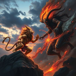 A dynamic and fierce battle scene depicting Narasimha, the fierce lion-man avatar of Vishnu, facing off against Azazel, the demon of chaos