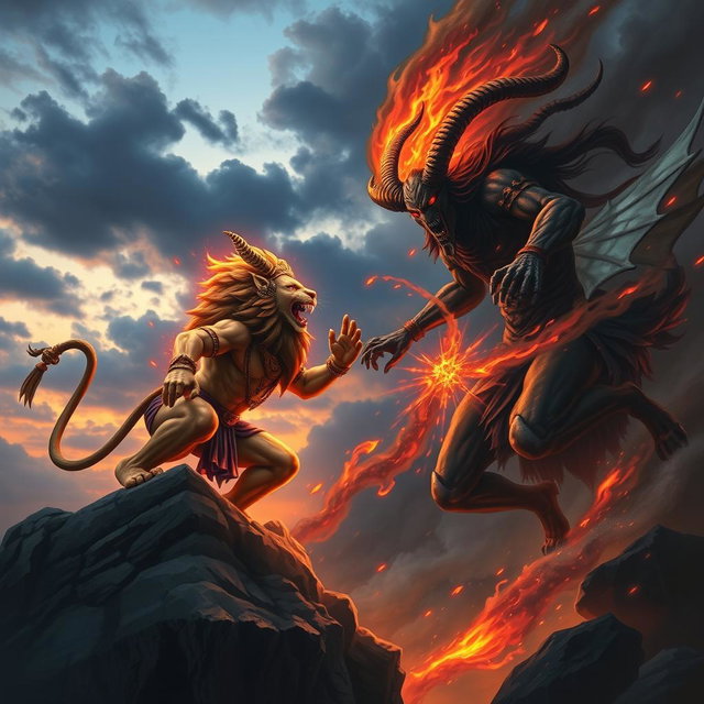A dynamic and fierce battle scene depicting Narasimha, the fierce lion-man avatar of Vishnu, facing off against Azazel, the demon of chaos