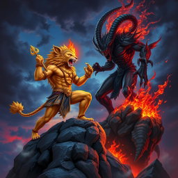 A dynamic and fierce battle scene depicting Narasimha, the fierce lion-man avatar of Vishnu, facing off against Azazel, the demon of chaos