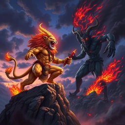 A dynamic and fierce battle scene depicting Narasimha, the fierce lion-man avatar of Vishnu, facing off against Azazel, the demon of chaos