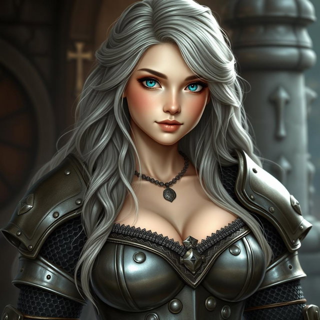 A busty beautiful European cleric girl with very large tender breasts