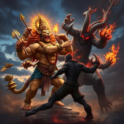 A dynamic and fierce battle scene depicting Narasimha, the fierce lion-man avatar of Vishnu, portrayed with a strong, muscular human-like body, adorned with traditional Hindu ornaments