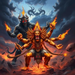 A dynamic and fierce battle scene depicting Narasimha, the fierce lion-man avatar of Vishnu, portrayed with a strong, muscular human-like body, adorned with traditional Hindu ornaments