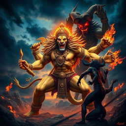 A dynamic and fierce battle scene depicting Narasimha, the fierce lion-man avatar of Vishnu, portrayed with a strong, muscular human-like body, adorned with traditional Hindu ornaments