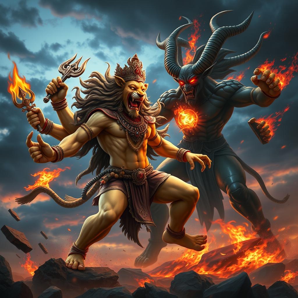 A dynamic and fierce battle scene depicting Narasimha, the fierce lion-man avatar of Vishnu, portrayed with a strong, muscular human-like body, adorned with traditional Hindu ornaments