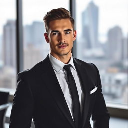 A suave gentleman wearing a perfectly tailored black formal suit, featuring a crisp white dress shirt and a sleek black tie