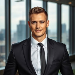A suave gentleman wearing a perfectly tailored black formal suit, featuring a crisp white dress shirt and a sleek black tie
