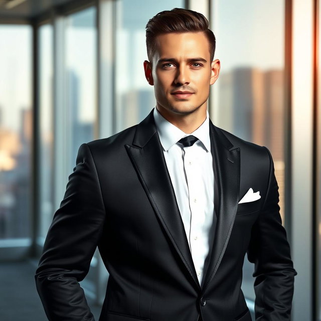A suave gentleman wearing a perfectly tailored black formal suit, featuring a crisp white dress shirt and a sleek black tie