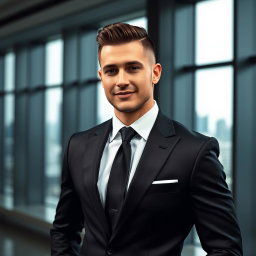 A suave gentleman wearing a perfectly tailored black formal suit, featuring a crisp white dress shirt and a sleek black tie