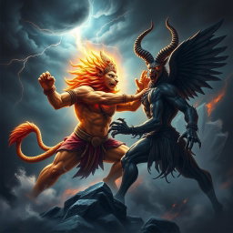 A dramatic and powerful battle scene depicting Narasimha, the fierce lion-man avatar of Vishnu, presented with a strong, muscular human-like body and adorned with traditional Hindu ornaments