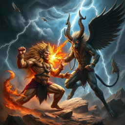 A dramatic and powerful battle scene depicting Narasimha, the fierce lion-man avatar of Vishnu, presented with a strong, muscular human-like body and adorned with traditional Hindu ornaments