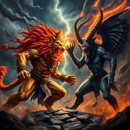 A dramatic and powerful battle scene depicting Narasimha, the fierce lion-man avatar of Vishnu, presented with a strong, muscular human-like body and adorned with traditional Hindu ornaments