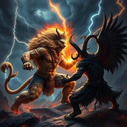 A dramatic and powerful battle scene depicting Narasimha, the fierce lion-man avatar of Vishnu, presented with a strong, muscular human-like body and adorned with traditional Hindu ornaments