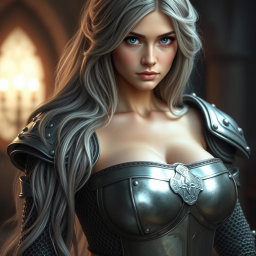 A busty, beautiful cleric, slender European girl with very large, tender, push-upped breasts, long, soft layers of ash grey hair flowing down her back