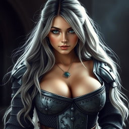 A busty, beautiful cleric, slender European girl with very large, tender, push-upped breasts, long, soft layers of ash grey hair flowing down her back