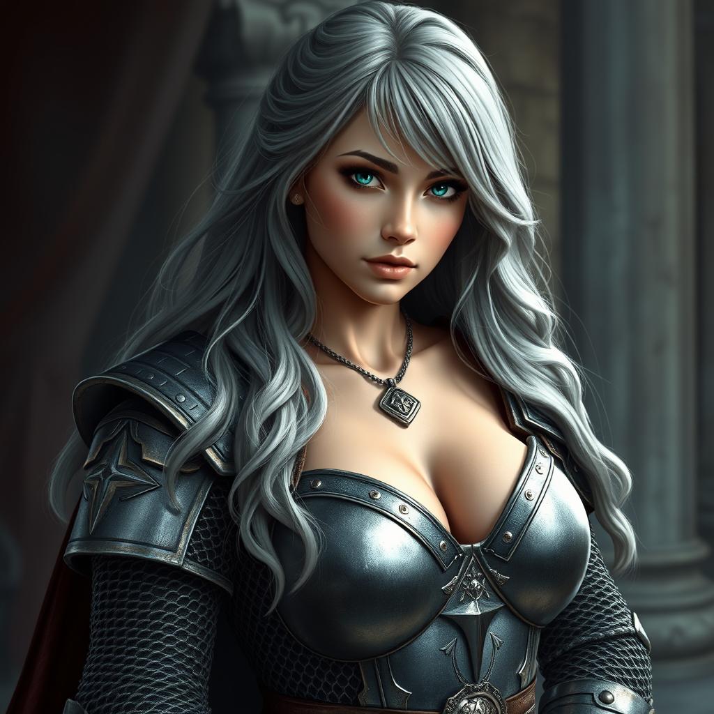 A busty and beautiful cleric, a slender European girl featuring very large and tender push-upped breasts