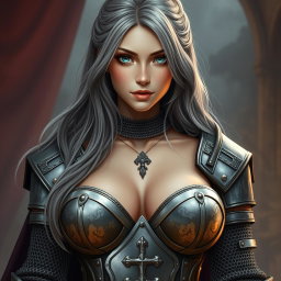 A busty and beautiful cleric, a slender European girl featuring very large and tender push-upped breasts