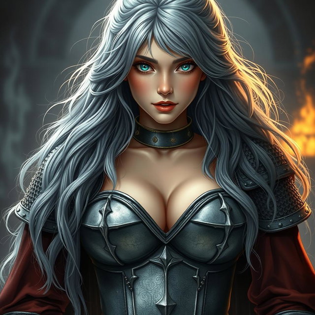 A busty and beautiful cleric, a slender European girl featuring very large and tender push-upped breasts
