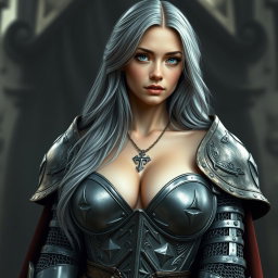 A busty and beautiful cleric, a slender European girl featuring very large and tender push-upped breasts