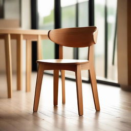 A comfortable teak wood chair elegantly placed in a contemporary café setting with ambient light illuminating the warm grains of the wood.