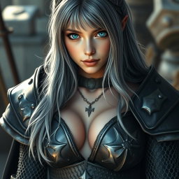 A busty beautiful cleric, a slender European girl with very large, tender push-upped breasts