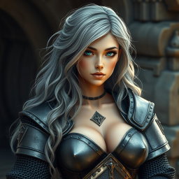 A busty beautiful cleric, a slender European girl with very large, tender push-upped breasts