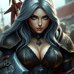 A busty beautiful cleric, a slender European girl with very large, tender push-upped breasts