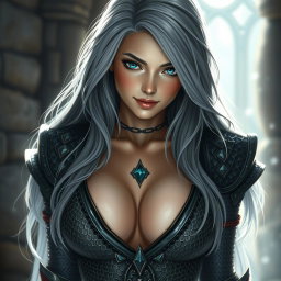 A stunning cleric, characterized by her busty figure and slender physique, featuring very large tender push-upped breasts