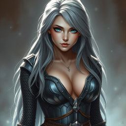 A stunning cleric, characterized by her busty figure and slender physique, featuring very large tender push-upped breasts